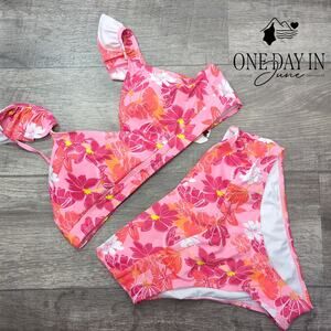 Sporlike Floral Ruffle Shoulder High Waist Bikini Swimsuit Pink NWT Size L